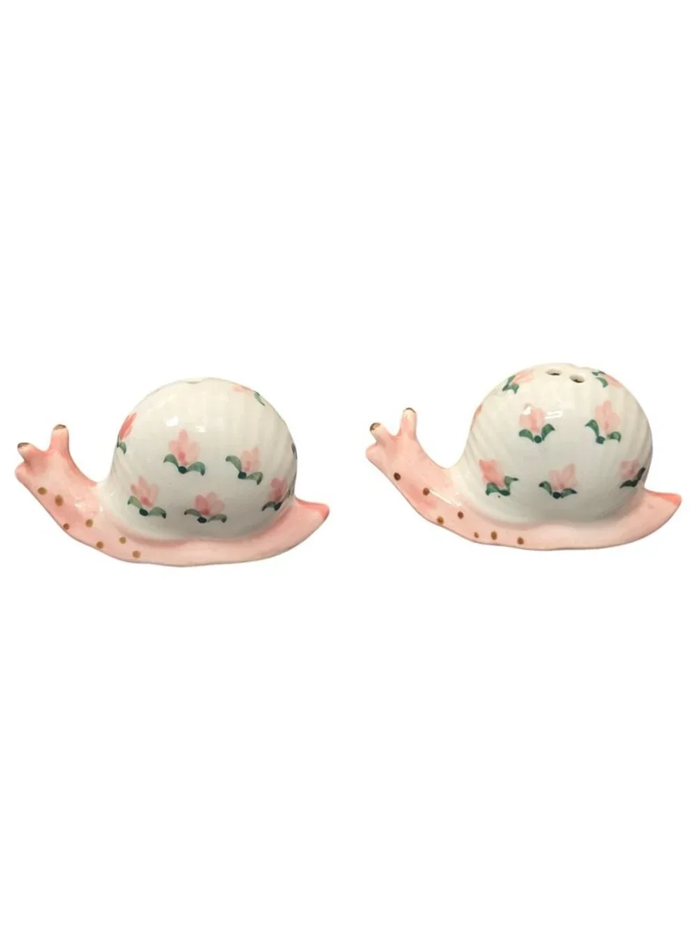 Vintage Snail Salt Pepper Shaker Set Pink Green Dots Floral Kitsch Whimsical